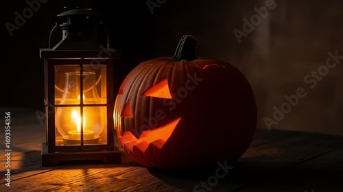Illuminated pumpkin and lantern sit on wooden planks