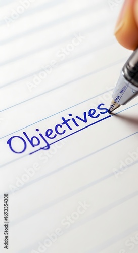 A close up of a pen writing the word objectives in blue ink on lined white paper at a slight angle