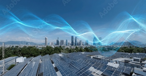 Cityscape with solar panels and energy waves