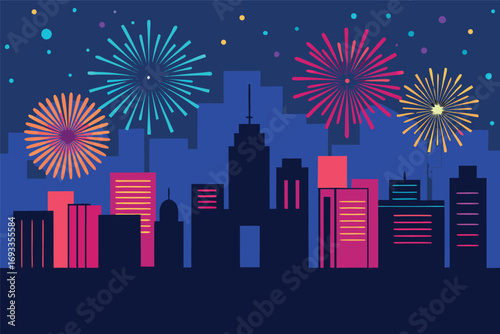 City Skyline Celebration with Fireworks Display over Buildings on New Years Eve or Independence Day Holiday