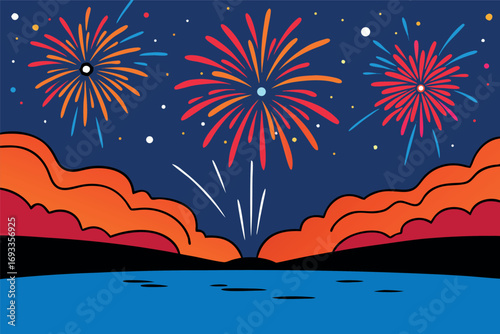 Colorful Fireworks Display Over Water with Clouds in a Night Sky for Celebration or Holiday