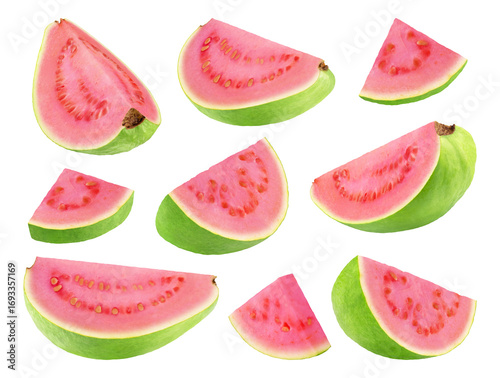 Papaya isolated set. Collection of papaya slices in different angles on transparent background.