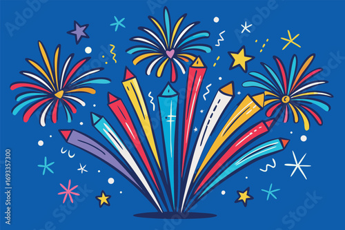 Colorful Fireworks Display with Rockets and Stars on a Dark Blue Background for Celebrations and Festive Events