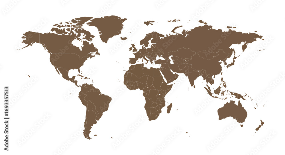 Obraz premium A detailed vector illustration of a world map in a brown color, perfect for educational purposes, travel concepts, and global business presentations, isolated on a white background.