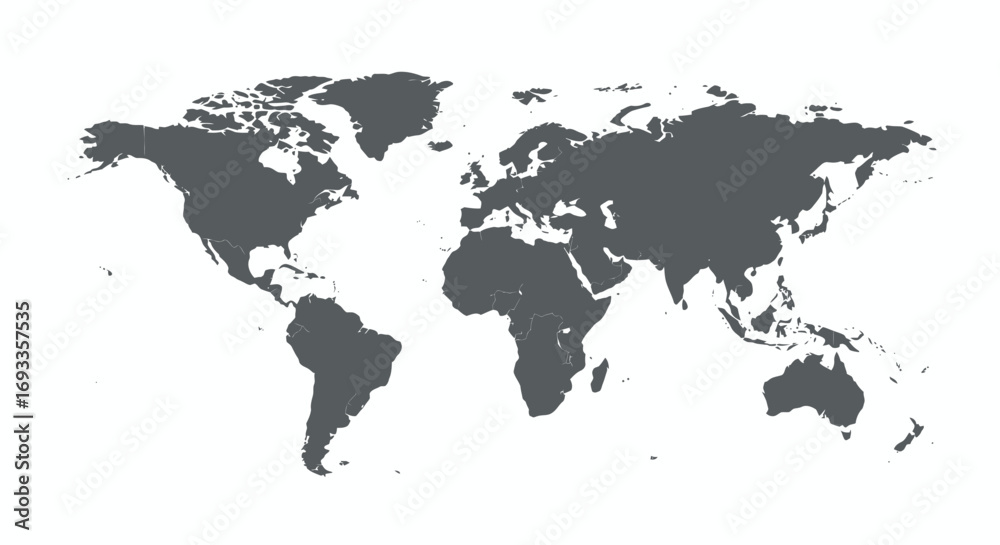Obraz premium A simple, gray-scale vector illustration of the world map, perfect for educational materials, travel websites, or design projects that require a clean and easily adaptable global representation.