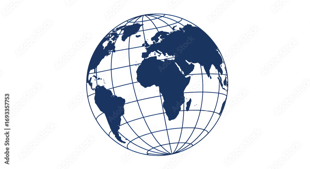 Naklejka premium A clean, minimalist vector illustration of a blue world globe with a grid showing continents, isolated on a pure white background for global concepts.
