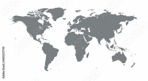 A detailed gray world map illustration presented as a clean vector graphic, perfect for global business and travel concepts.