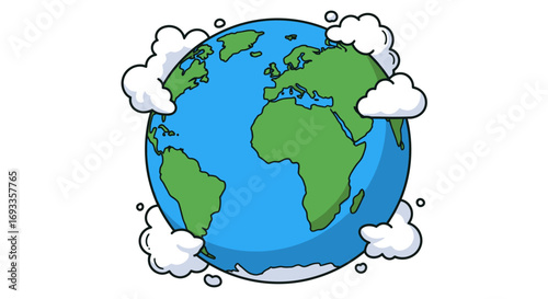 A vibrant vector illustration of planet Earth surrounded by fluffy clouds, perfect for educational materials, environmental campaigns, and global awareness projects, presented in a clean, modern
