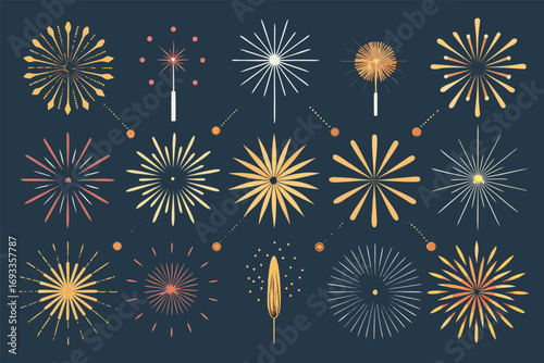 Collection of Firework Designs for Celebrations and Holidays with Sparklers and Bursting Explosions on a Dark Background