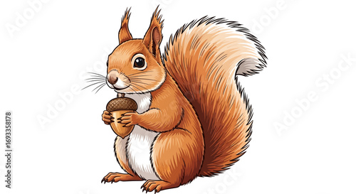Illustration of a squirrel holding an acorn with a bushy tail.