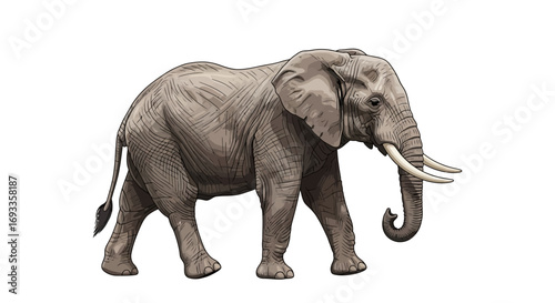 Side view of a large African elephant, showing its trunk, tusks, and body.
