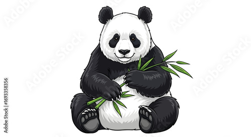 A detailed illustration of a giant panda sitting and holding bamboo in its paws.