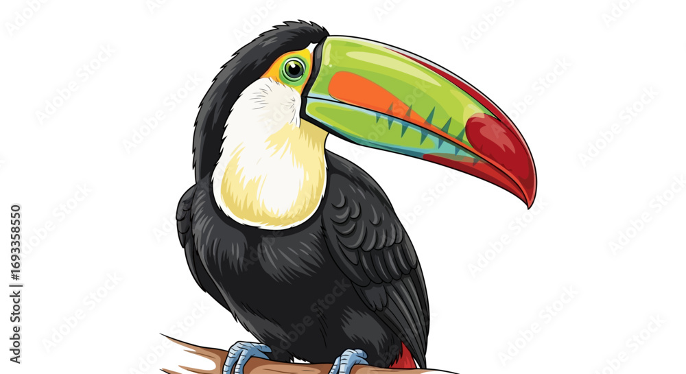 Obraz premium A vibrant illustration of a toucan with a large, colorful beak perched on a branch, set against a clean white background.