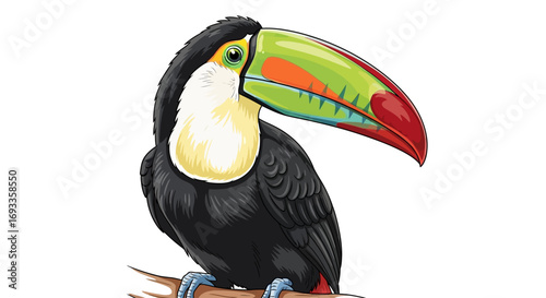 A vibrant illustration of a toucan with a large, colorful beak perched on a branch, set against a clean white background.