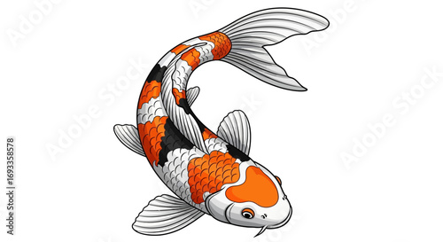 Illustration of a colorful koi fish, showcasing intricate details and vibrant scales, swimming gracefully.