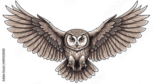 Detailed illustration of an owl with wings spread, facing forward.