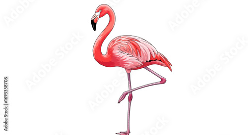 A vibrant illustration of a flamingo standing gracefully on one leg, showcasing its pink plumage.