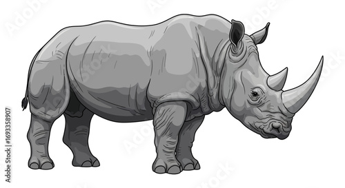 Detailed illustration of a large grey rhinoceros with two horns standing on a white background, showcasing its powerful build.
