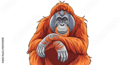 Illustration of an orangutan with orange fur, gray face, and hands, sitting and looking forward.
