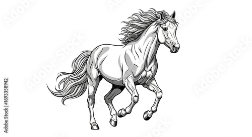Illustration of a white horse running with its mane and tail flowing.