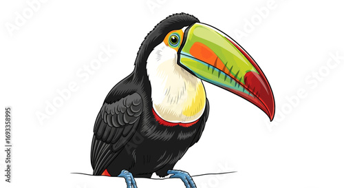 A detailed illustration of a toucan, perched and facing right.