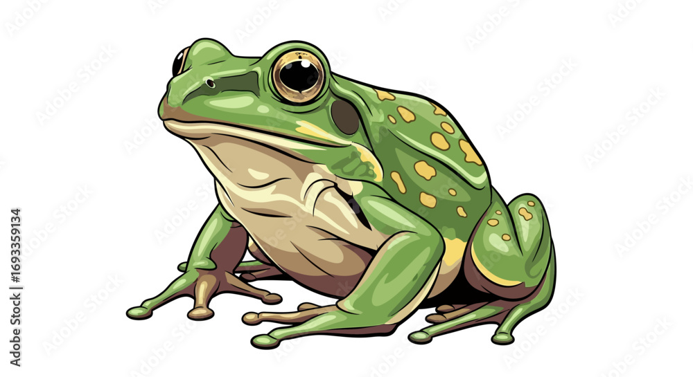 Obraz premium A detailed vector illustration of a green tree frog with yellow spots, sitting alertly on a clean white background.