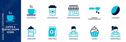 Cafes & Coffee Shops Blue Colored Outline Icon Set