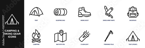 Camping & Hiking Gear Line Icon Set