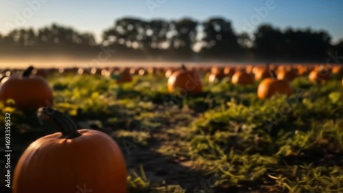 Pumpkin patch at dawn rows of orange pumpkins dotting the field under a hazy sky