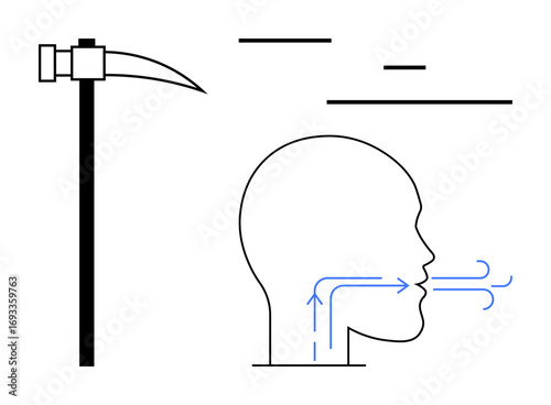 Hammer tool beside human head with arrows indicating airflow from mouth. Ideal for communication, labor, craftsmanship, respiration, industry, education, or simple landing page