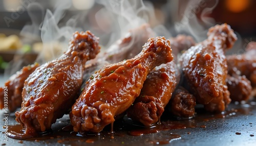 Barbecue chicken wings with shiny glaze, arranged neatly, steam rising, close-up food photography, appetizing and bold.