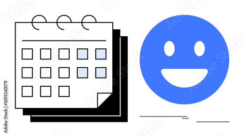 Calendar with marked dates and blue happy face symbolizing organization, positivity, and planning. Ideal for scheduling, task management, mood tracking, productivity, reminders, mental health simple