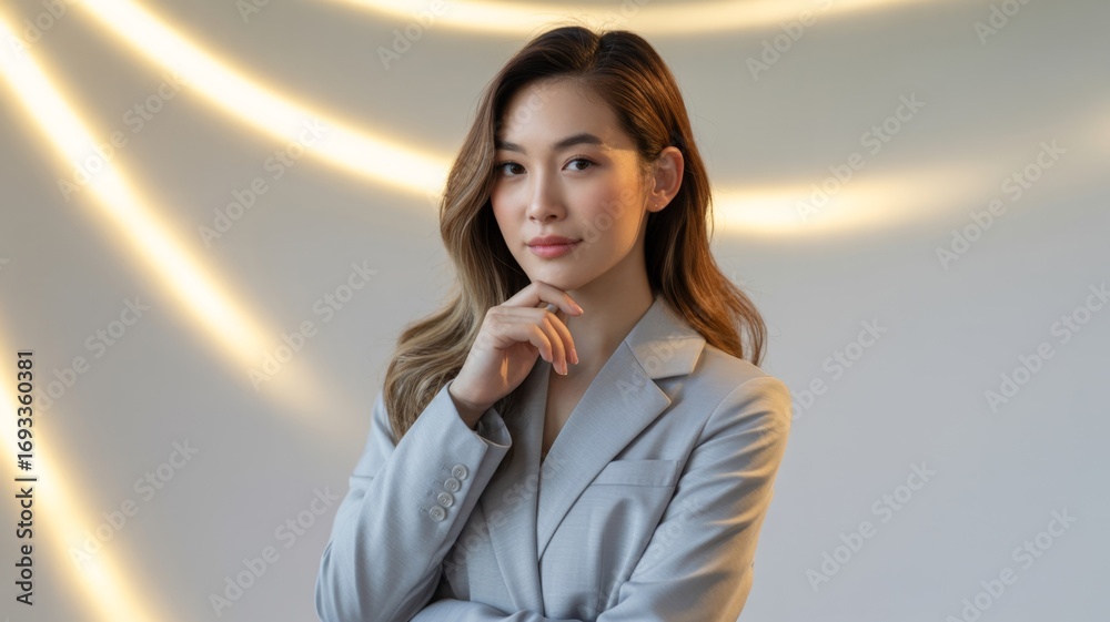 custom made wallpaper toronto digitalA professional young woman in a suit stands smiling confidently and friendly.