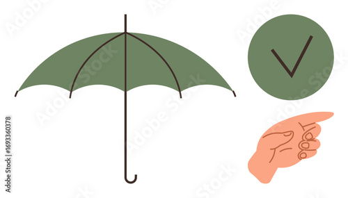 Green umbrella with a curved handle, checkmark in a green circle, and a pointing hand. Ideal for protection, guidance, choice, agreement, safety decision-making and support themes. Simple flat