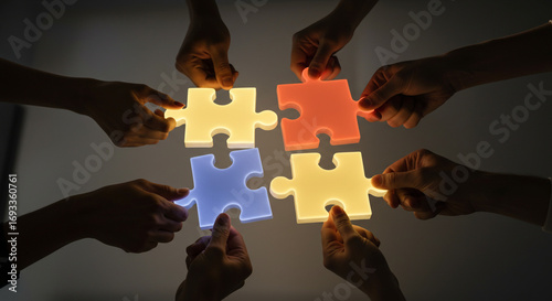 Hands connecting glowing puzzle pieces symbolizing teamwork, collaboration, and problem solving