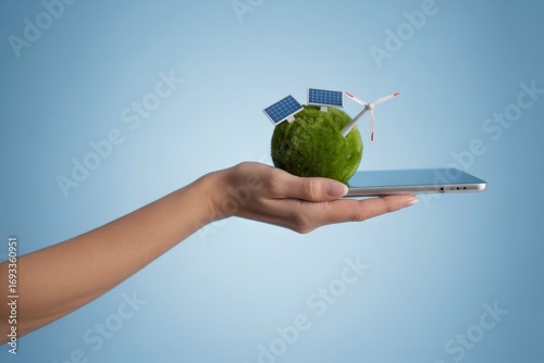 A close-up of a young woman's hand, with slender, delicate fingers, holding a globe with solar panels and a wind turbine, symbolizing clean energy and sustainability.