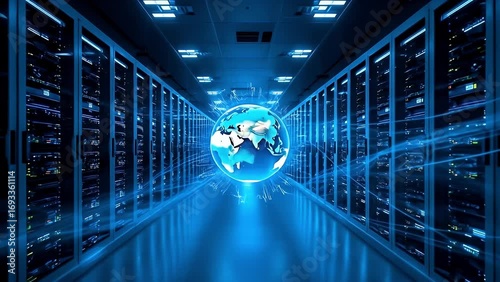 Futuristic Data Center Corridor with a Glowing Digital Earth Globe and Streaming Network Light Trails.