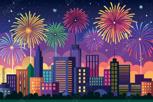 Colorful Fireworks Display over City Skyline at Night Celebrating New Years Eve or Fourth of July Holiday