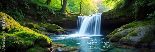 Serene Waterfall Cascading Through Mossy Woods Sunlight Dapples Crystal Creek in Lush Green Foliage, Creating a Magical Atmosphere.