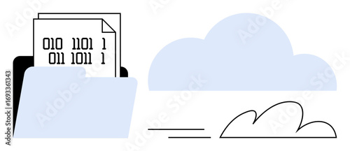 Folder containing binary files representing data alongside a minimalistic cloud shape implying cloud storage or transfer. Ideal for technology, data sharing, cloud computing, digital storage