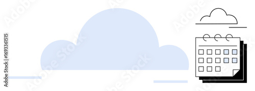 Minimal cloud shape connecting to a calendar with spiral binding. Ideal for scheduling, data management, cloud computing, teamwork, organization, planning, productivity. A simple flat metaphor