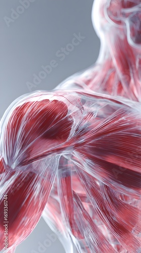 Detailed 3D anatomical illustration of human upper body musculature with transparent skin revealing intricate muscle fibers and connective tissues in vivid red tones