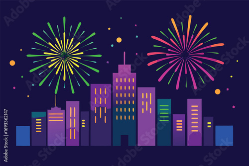 Colorful Fireworks Display Over a City Skyline at Night Celebrating New Years Eve or Independence Day