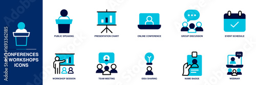 Conferences & Workshops Blue Colored Outline Icon Set