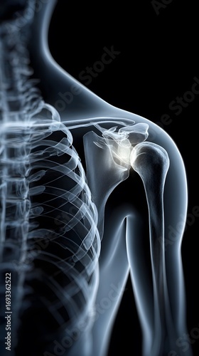 Detailed X-ray style illustration of human shoulder joint anatomy highlighting bone structure and skeletal system in a translucent blue tone against black background