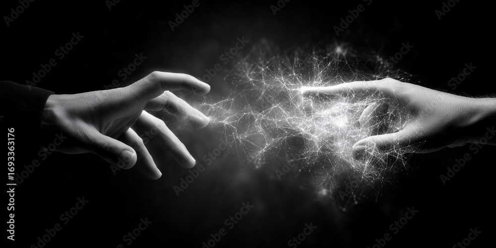 Obraz premium People separated by energy. Hands are reaching out and touching the screen. Digital connection between them is visible as a tangible, glowing, and energetic spark