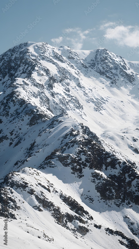 Obraz premium Snow-covered mountain peaks under clear blue sky with rugged rocky terrain and pristine alpine landscape in winter season
