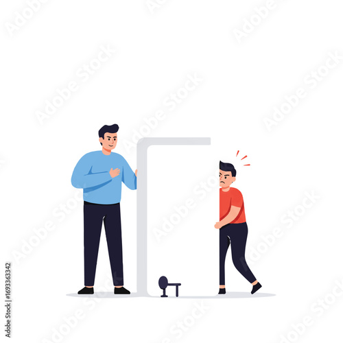 A humorous 2D flat vector illustration depicts a disgruntled character comically hiding and peeking from behind a small gym weight rack, attempting to avoid a workout.
