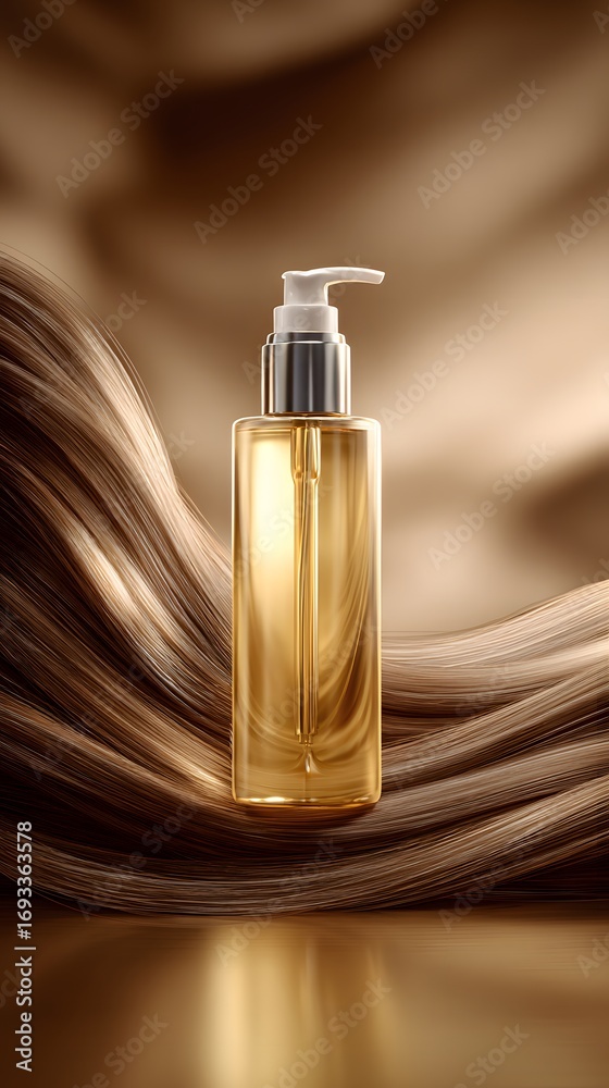 Fototapeta premium Luxurious golden hair oil bottle with pump dispenser set against flowing shiny brown hair on a warm reflective background