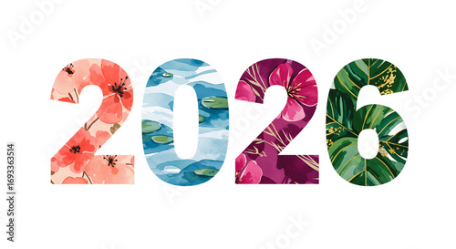 2026 New Year Floral Watercolor Design: Tropical Leaves, Flowers, and Water png alpha channel isolated on transparent background
